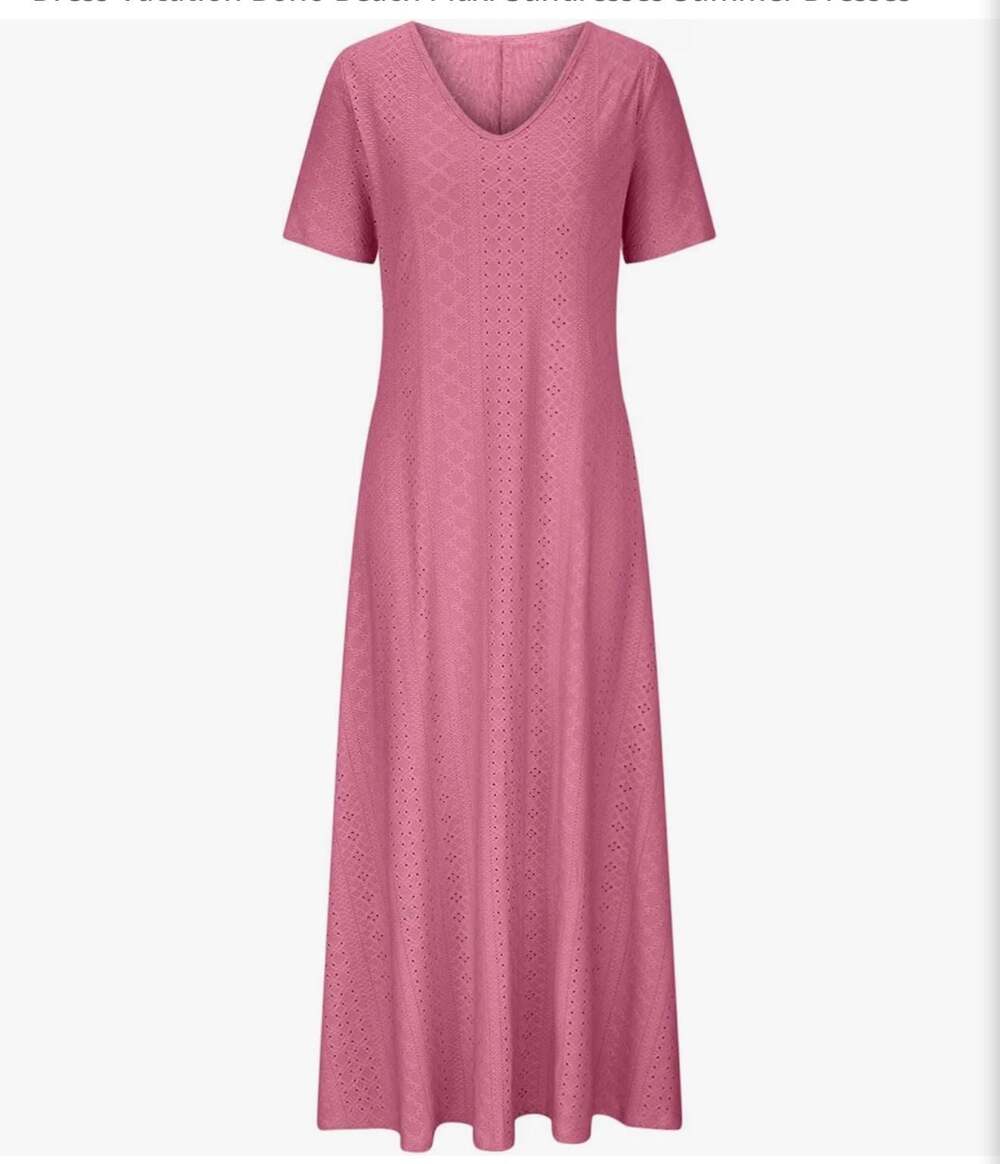 Cethrio Women Summer Eyelet V-Neck Short Sleeve Loose Maxi Dress Casual Beach Ho